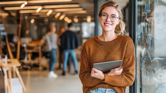 Friendly Woman in Glasses Holding Digital Tablet in Modern Office