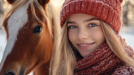 Fototapeta premium Realistic selfie: young European girl santa hat on vacation in winter season a selfie with a cute horse santa hat. Year of the horse happy new year and christmas