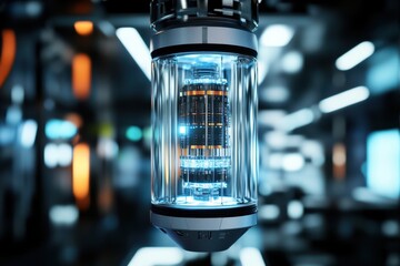 Advanced technology exhibit showcasing a futuristic energy core in a modern research facility