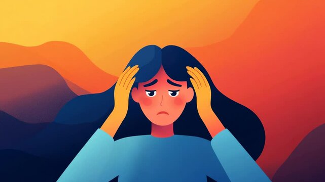 A woman expresses stress and anxiety with her hands on her head, surrounded by warm, colorful abstract shapes. The illustration reflects the emotional struggle during challenging times