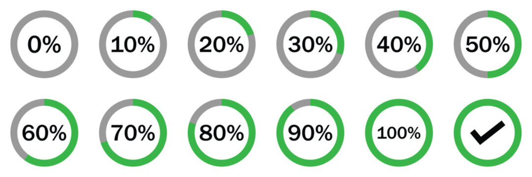 Set of  Circle loading or circle progress collection. Set of circle percentage diagrams for infographics 0 10 20 30 
40 50 60 70 80 90 100 percent in black and of vector illustration