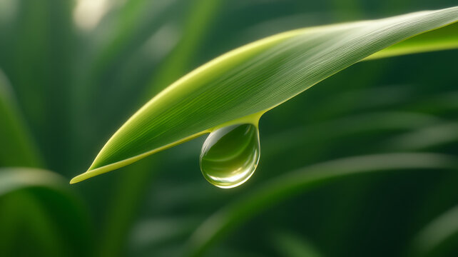 close up of dewdrop hanging from green leaf, showcasing nature beauty and freshness