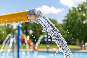 Outdoor water stream shooting from yellow hose in park splash pad with playground blurred in background under sunny blue sky in mid-range perspective