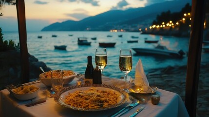 The cozy seaside dinner scene with fairy lights, pasta dishes, and chilled wine, with boats in the distance.