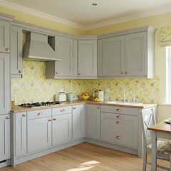 Modern Light Grey Kitchen with Lemon Walls, Beige Counters, Wood Dining & Abstract Grey-Framed Accent Wall on Beige/Brown Tiles