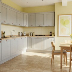 Modern Light Grey Kitchen with Lemon Walls, Beige Counters, Wood Dining & Abstract Grey-Framed Accent Wall on Beige/Brown Tiles