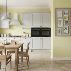 Modern Light Grey Kitchen with Lemon Walls, Beige Counters, Wood Dining & Abstract Grey-Framed Accent Wall on Beige/Brown Tiles