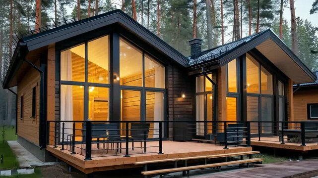 Spacious cabin design features expansive glass windows and a welcoming deck surrounded by tall trees in a quiet forest location