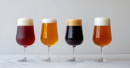A flight of Beer: A captivating arrangement showcases four glasses of exquisite beer, each boasting a unique hue and foamy head. The clear glassware enhances the visual appeal.