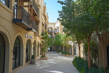 Sunny pedestrian alleyway with shops and apartments.  Lush greenery lines the walkways