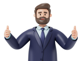 A man with thumbs up, symbolizing approval or success. 3D rendering, conceptual image. Isolated on white background.