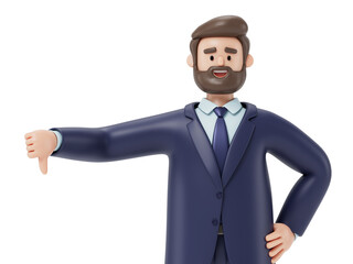 A man gives a thumbs down, symbolizing disapproval or rejection. 3D rendering, conceptual image. Isolated on white background.