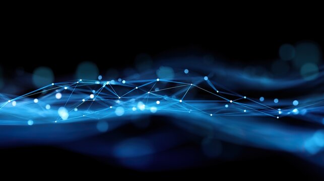 An abstract technological background, featuring blue glowing lines and dots in a dark sky, forms a digital connectivity concept with a futuristic web design.