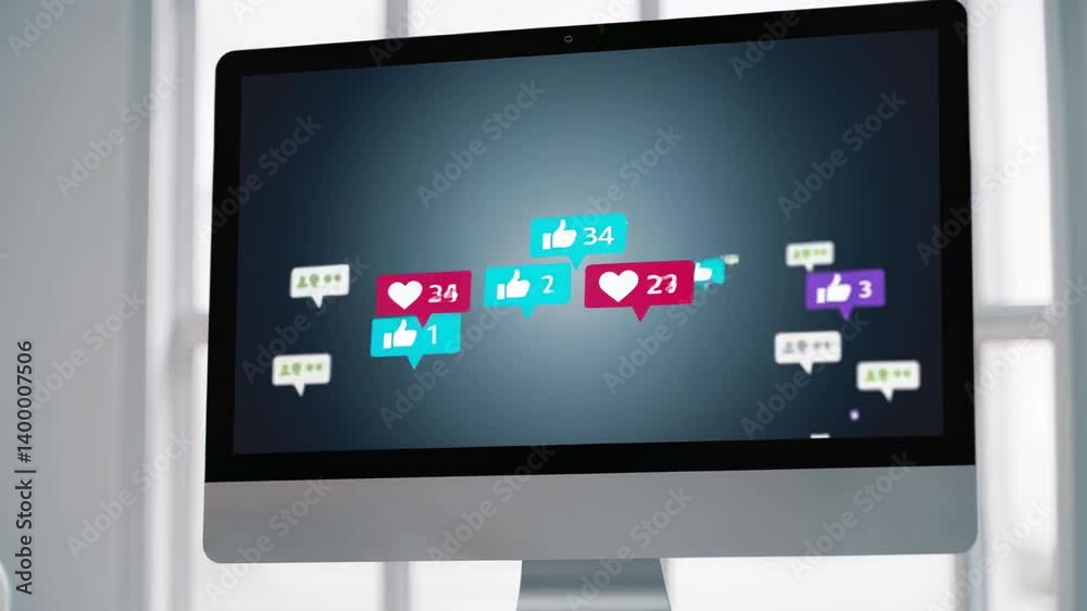 Poster Colorful like and heart icons float across a desktop computer screen, representing growing social media engagement and positive feedback on content