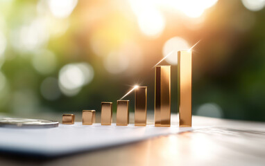 Golden bar graphs representing profit margins on document, with blurred background of greenery. image conveys growth and success in business