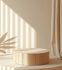 wooden cylinder podium is elegantly placed on beige background, with soft shadows and light creating serene atmosphere. scene is minimalistic and warm
