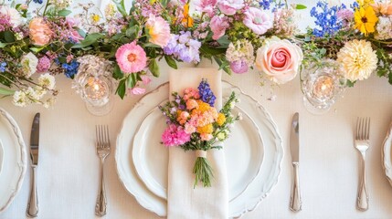 Elegant spring table setting with wildflower napkin decor on ceramic plates.
