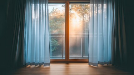 Fototapeta premium Heavy curtains fully drawn across a large window, blocking cold air from entering