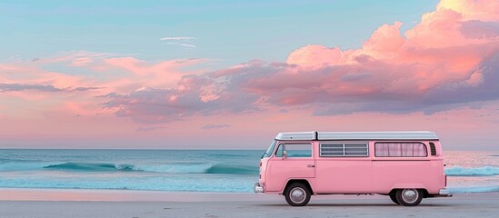 Fototapeta premium Retro Pink Van on a Tropical Beach at Sunset evokes Dreamy Vintage Vibes in Soft Pastel Aesthetic Stock Style.