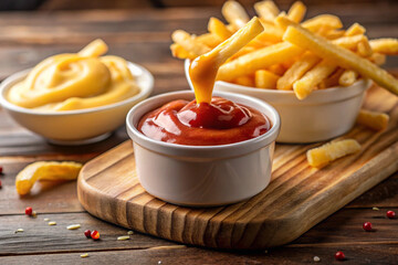 Dipping Action &ndash; Fry being dipped into ketchup, mustard, or cheese