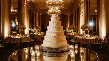 Obraz premium Grand ballroom wedding cake on the mirrored table, chandelier reflecting in tiers covered with edible pearls.