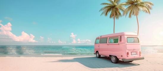 Vintage Pink Van by a Serene Tropical Beach under Soft Pastel Skies embodies Dreamy Summer Retro Aesthetic for stock visuals.