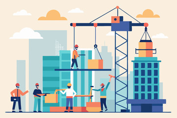 Obraz premium Minimalist vector of construction team working on a high-rise building with cranes and scaffolding