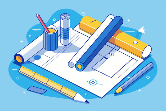 Flat design vector of architect reviewing blueprints on a drafting table with measuring tools