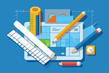 Flat design vector of architect reviewing blueprints on a drafting table with measuring tools