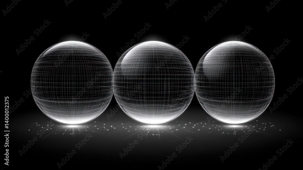 Poster three translucent spheres with intricate grid patterns against a dark background.
