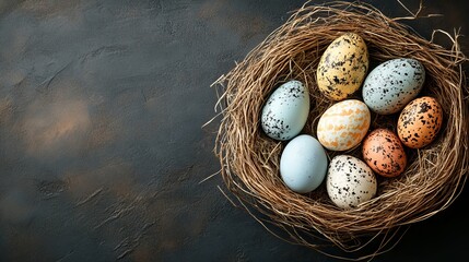 Obraz premium Colorful speckled eggs nestled in a rustic bird's nest on a dark surface.