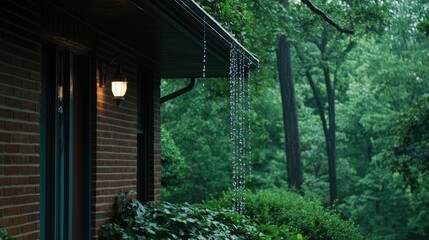 Rain chain on side of home channeling water down updated gutter system