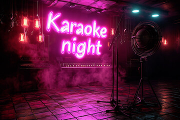 Karaoke night stage setup featuring microphone, neon sign, vintage bulbs, and smoke effects.