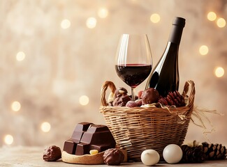 Wine gift basket with chocolate and candy against a beige background, space for text, stock photo contest winner, bokeh lights, minimalistic style, high-resolution photography
