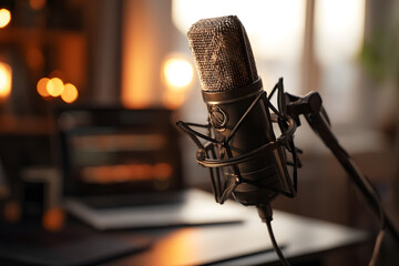 Professional recording microphone mounted on a durable stand, perfect for podcasts and audio production.