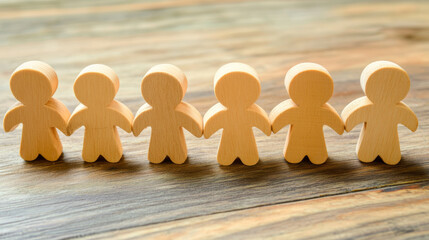 A row of wooden figures stands, holding hands, signifying unity and friendship among people.