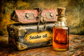 Vintage snake oil bottle with cork stopper and label next to weathered antique chests.