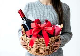 Woman holding a gift basket with a red ribbon bow, flowers, and a bottle of wine for Valentine's Day, isolated on a white background