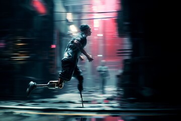 A man with a prosthetic leg runs through a neon-lit urban alley, showcasing determination and speed.