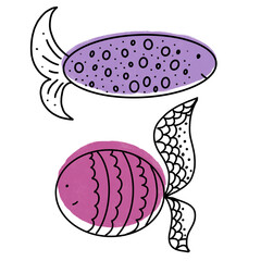 Set of funny fish on a white background. One fish has a purple body with black dots. The other fish has a bright pink body with decorative patterns. They have playful black outlines.