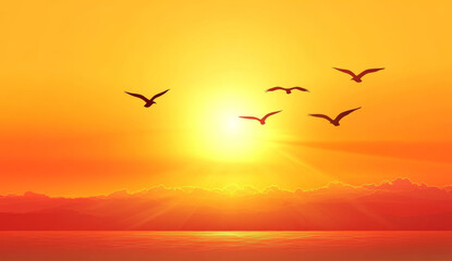 beautiful orange sunset with sun glowing warmly and birds flying gracefully against vibrant sky over calm sea. scene evokes sense of peace and tranquility