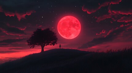 Fototapeta premium Person Under Red Moon Near Tree On Hill Dark Fantasy Landscape
