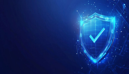 glowing blue security shield with checkmark symbolizes protection and safety on digital background. futuristic design conveys sense of trust and reliability