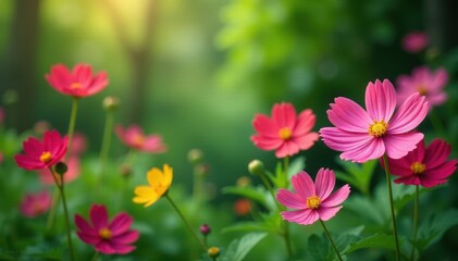 Vibrant cosmos flowers, lush green garden backdrop , floral, pink, field