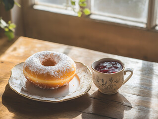 doughnut dusted with powdered sugar sits on elegant plate beside cup of jam, bathed in warm sunlight on wooden table