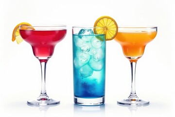 Vibrant watercolor cocktails, isolated glasses Crisp white background , bright, bourbon
