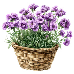 Verbena Bouquet In A Basket, vector watercolor illustration, isolated on a white background.