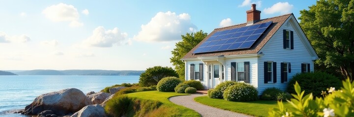 Fototapeta premium Charming Cape Cod, solar panels gleam on roof, energy, sky
