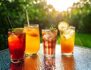 Summer drinks on a glass table in a garden, lemonade, iced tea, and fruit mocktails with ice cubes, condensation on glasses, soft sun rays, no people
