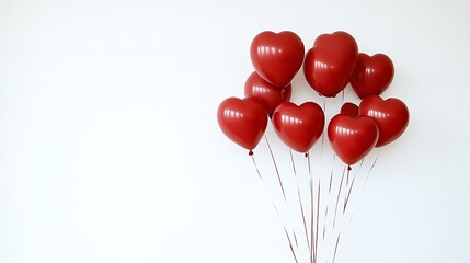 A group of red heart shaped balloons on a white wall